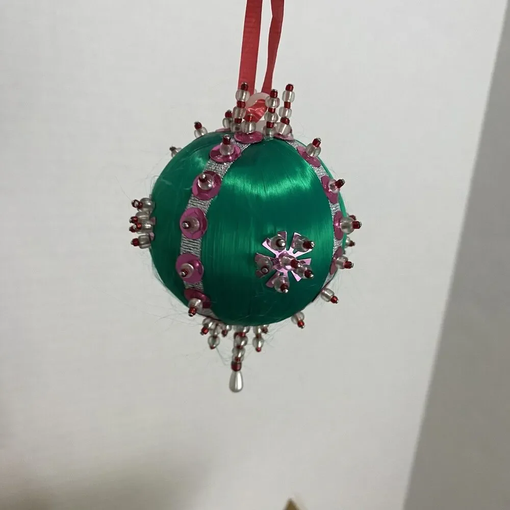 Vtg Handmade Christmas Ornaments Green Multicolor Sequins Beads Pins Hanging